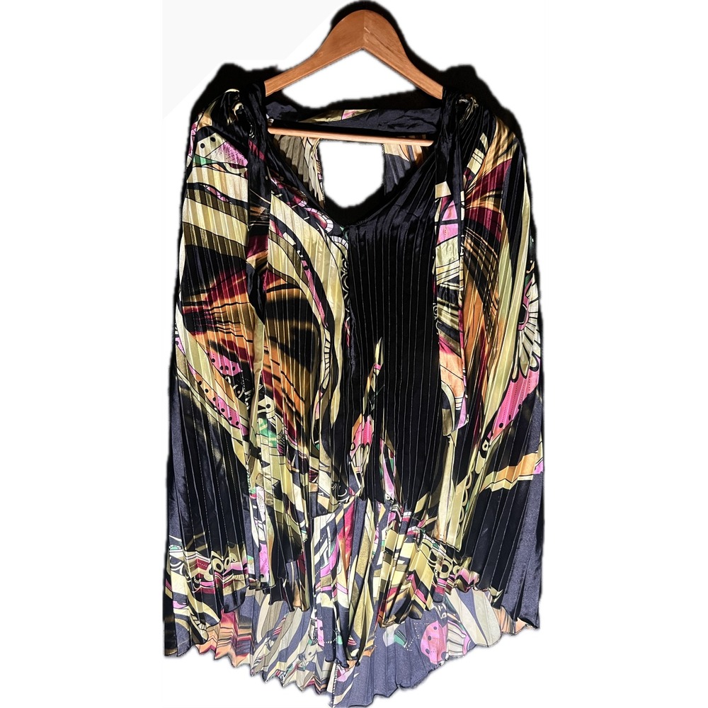 Freya Women Pleated High-Low Cape Top Abstract Print Black Gold Pink‎ Size M